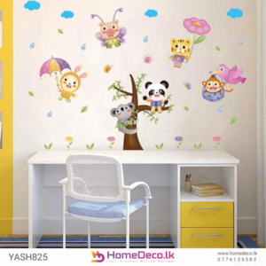 Panda With Friends Wall Sticker - Adorable design featuring a panda, bunny, tiger, and koala with colorful flowers and butterflies for kids’ room decor