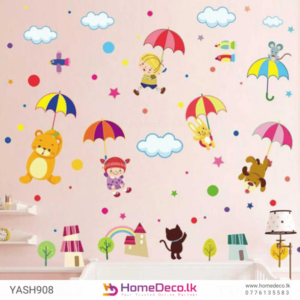 Animal Flying Kids Wall Sticker - Vibrant design with animals, kids, and colorful umbrellas for fun kids’ room decoration