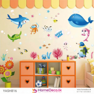 Sea Animal Kids Wall Sticker - Underwater-themed design featuring whales, sharks, turtles, and coral for kids’ room decor