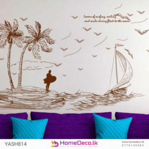 Beach Scenery Wall Sticker - Tropical design featuring palm trees, waves, sailboat, and surfer for relaxing wall decor