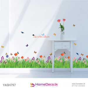 Colourful Flowers Wall Sticker - Bright floral design featuring vivid flowers, butterflies, and grass for cheerful room decor