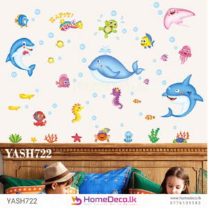 Sea Animal Wall Sticker featuring dolphins, sharks, turtles, and other marine creatures for a fun underwater-themed kids' room decor