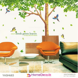 Green Tree With Birds Wall Sticker featuring falling leaves and colorful birds, perfect for creating a tranquil indoor space