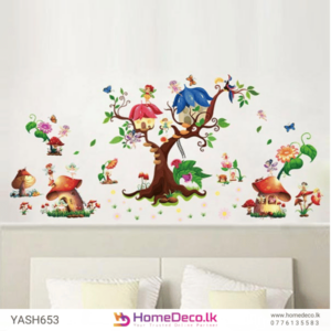 Colourful Tree House Wall Sticker with treehouses, mushrooms, and flowers, perfect for whimsical kids’ room decor