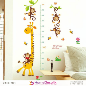 Cute Giraffe Height Measure Sticker featuring a cheerful giraffe and playful monkeys for kids' rooms