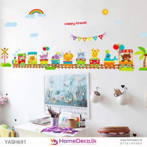 Animal Train Kids Wall Sticker featuring a colorful train with cute animals, balloons, and scenic elements like palm trees and rainbows, perfect for kids’ room decor