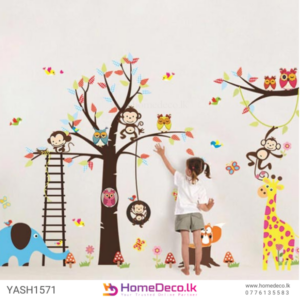 Jungle Animal Tree Wall Sticker featuring a colorful tree with monkeys, owls, a fox, a giraffe, and butterflies for kids’ room decorJungle Animal Tree Wall Sticker featuring a colorful tree with monkeys, owls, a fox, a giraffe, and butterflies for kids’ room decor