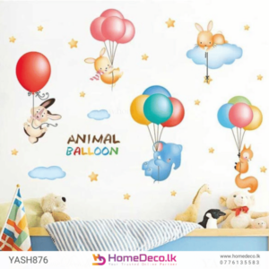 Cute Animal Flying Wall Sticker - Adorable animals with colorful balloons, stars, and clouds for kids’ room decoration