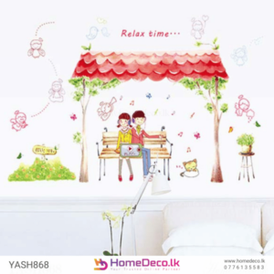 Lovely Couple Wall Sticker - Romantic design with a couple on a bench under a red canopy, surrounded by greenery and playful elements