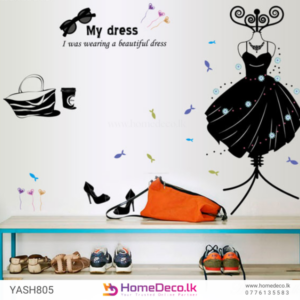 Black Dress Wall Sticker - Fashionable design featuring a chic black dress, handbag, heels, and butterflies for stylish home decor