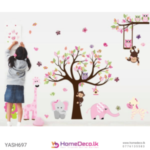 Pink Tree Kids Wall Sticker with vibrant animal designs including giraffes, elephants, and monkeys, perfect for kids' room decor