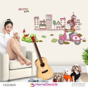 Cartoon Girl Wall Sticker - Cheerful design with a girl on a scooter and a colorful townscape for lively home decor