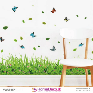 Green Grass Border Wall Sticker - Realistic design with lush green grass, butterflies, and falling leaves for nature-inspired decor