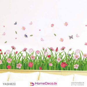 Pink Flowers With Grass Wall Sticker - Elegant design featuring pink flowers, green grass, and butterflies for vibrant room decor