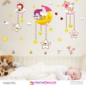 Moon and Stars Wall Sticker - Magical kids' room decoration featuring cute characters, a crescent moon, and smiling stars