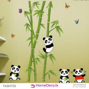 Panda with Bamboo Tree Wall Sticker featuring cute pandas climbing bamboo trees with vibrant butterflies, ideal for kids' and living room decor