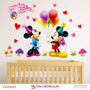 Mickey Mouse Kids Wall Sticker featuring Mickey and Minnie in a festive scene with balloons, hearts, and mushrooms, ideal for kids’ room decor