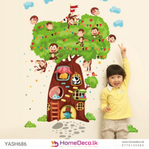 Animal House Kids Wall Sticker featuring a playful treehouse with cheerful monkeys, a panda, and other animals, perfect for kids’ room decor