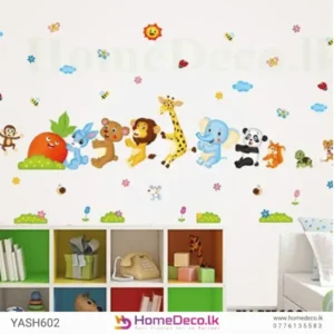 Baby Animal Lion Giraffe Elephant Panda Bunny on a line cartoon wall sticker
