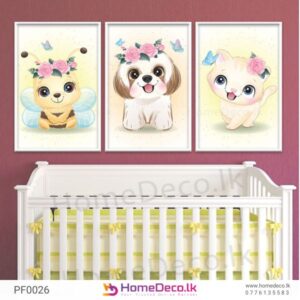 Cute Baby Animal Friends Wall Art – a sweet and vibrant nursery decoration featuring puppy, kitten and bee, perfect for adding charm to any baby room