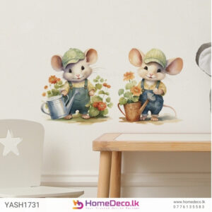 Cute Mouse Siblings Kids Wall Sticker featuring two mice with flowers for nursery wall decor