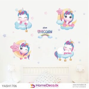 Adorable Unicorn Kids Wall Sticker featuring unicorns, clouds, stars, and rainbows for a magical nursery decor