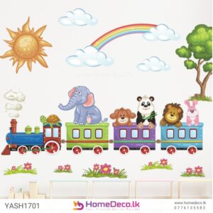 Colourful Animal Train Kids Wall Sticker featuring animals riding a train under a sunny sky with a rainbow for nursery decor