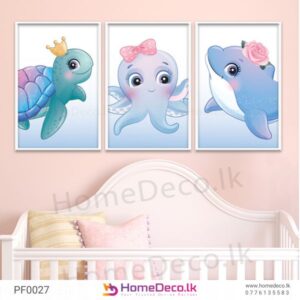 Baby Sea Animal Kids Wall Art featuring turtle, octopus, and dolphin for nursery decor