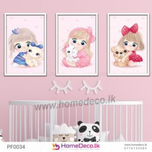 Cute Baby Girls Wall Art featuring baby girls with pets and pink-themed nursery decor