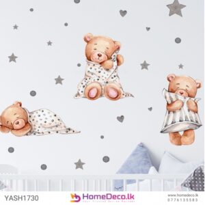 Sleepy Teddy Bear Kids Wall Sticker featuring three adorable teddies with stars and hearts for nursery decoration