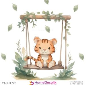 Adorable Kitty Kids Wall Sticker featuring a tiger kitty on a swing with greenery for nursery decor