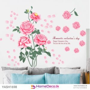 Beautiful Pink Roses Wall Sticker featuring blooming roses, petals, and romantic Valentine’s Day text for elegant home decor