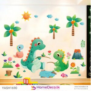 Cute Dinosaur With Mom Kids Wall Sticker featuring playful dinosaurs, palm trees, and a volcano for a fun nursery decor