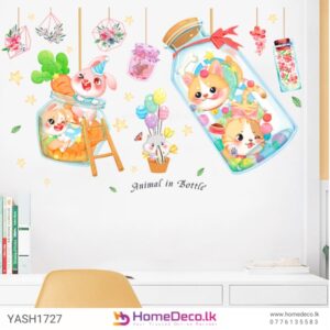 Cute Kitty and Friends Kids Wall Sticker featuring colorful animal designs in decorative jars for nursery decor