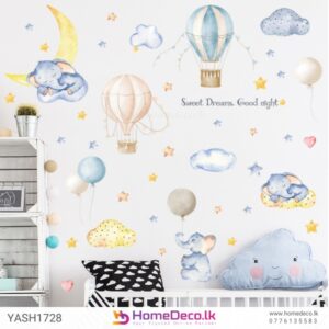 Sweet Dreams Elephant Kids Wall Sticker featuring elephants, clouds, stars, and hot air balloons for a dreamy nursery decor