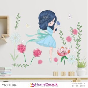 Cute Girl With Flowers Kids Wall Sticker featuring a girl in a blue dress with flowers and butterflies for a whimsical nursery decor