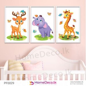 Zoo Animal Baby Wall Art featuring deer, elephant, and giraffe with butterflies for nursery decor