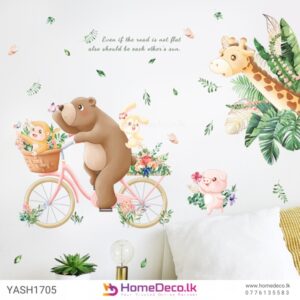 Bicycle Riding Bear Cartoon Wall Sticker featuring a bear on a bicycle with a bunny, pig, and chick for a fun nursery decor