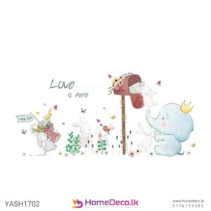 Baby Elephant and Bunny Friends Wall Sticker featuring a baby elephant with bunnies, a floral mailbox, and soft pastel colors for nursery decor