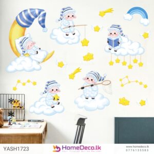 Baby Sheeps Nursery Room Wall Sticker featuring sleepy sheep, clouds, stars, and a crescent moon for a dreamy baby room decor