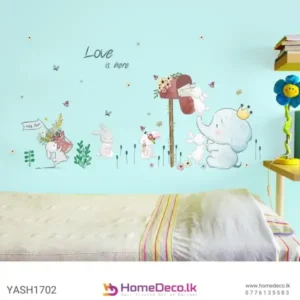 Baby Elephant and Bunny Friends Wall Sticker featuring a baby elephant with bunnies, a floral mailbox, and soft pastel colors for nursery decor