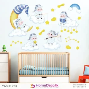 Baby Sheeps Nursery Room Wall Sticker featuring sleepy sheep, clouds, stars, and a crescent moon for a dreamy baby room decor