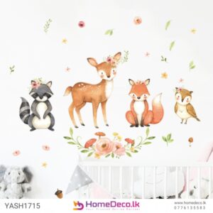 Jungle Theme Baby Wall Decal featuring cute woodland animals, flowers, and leaves for a nature-inspired nursery decor