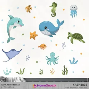 Vibrant cartoon marine life Sea Theme Wall Sticker set featuring dolphin, whale, jellyfish, and starfish for kids' rooms.