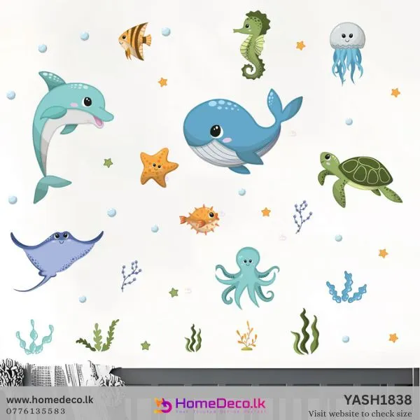 Vibrant cartoon marine life Sea Theme Wall Sticker set featuring dolphin, whale, jellyfish, and starfish for kids' rooms.