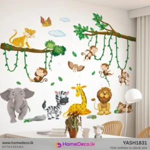 Vibrant cartoon Jungle Animal Wall Sticker set with lion, giraffe, zebra, elephant, monkeys, and owl in lush safari scene for kids' room decor. YASH1831