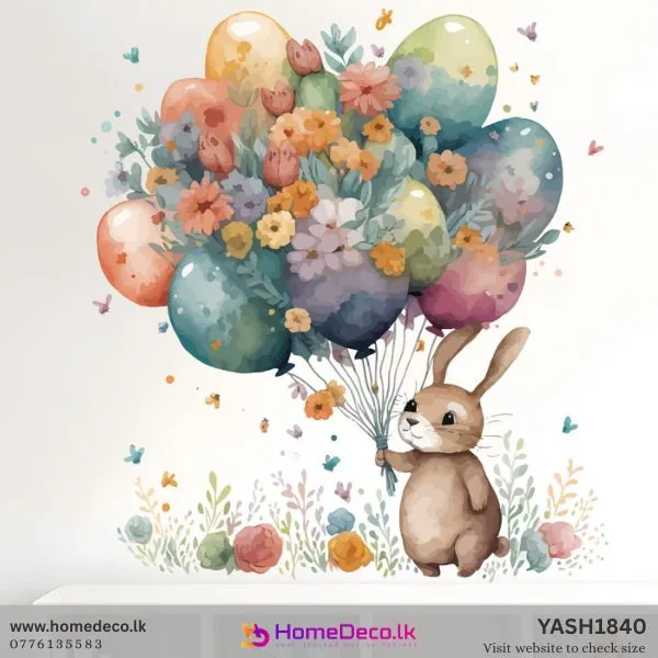 Watercolor Bunny with Balloon wall sticker for nursery, featuring a cute brown bunny, pastel floral balloons, and butterflies.