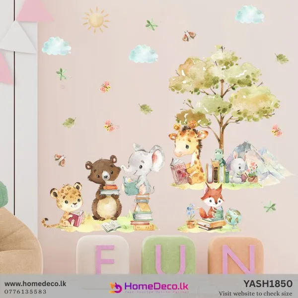 Watercolor jungle animal theme wall sticker with reading elephant, bear, giraffe, fox, rabbit, and frog under a tree. Nursery decor.