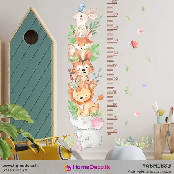 Watercolor Animal Height Measure wall decal with stacked bunny, fox, tiger, lion, elephant and growth chart (60-160cm) for nursery.