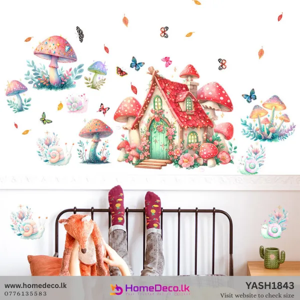 Whimsical watercolor Fairy Mushroom House wall sticker set with colorful fungi, butterflies, and snails for girls' room decor.